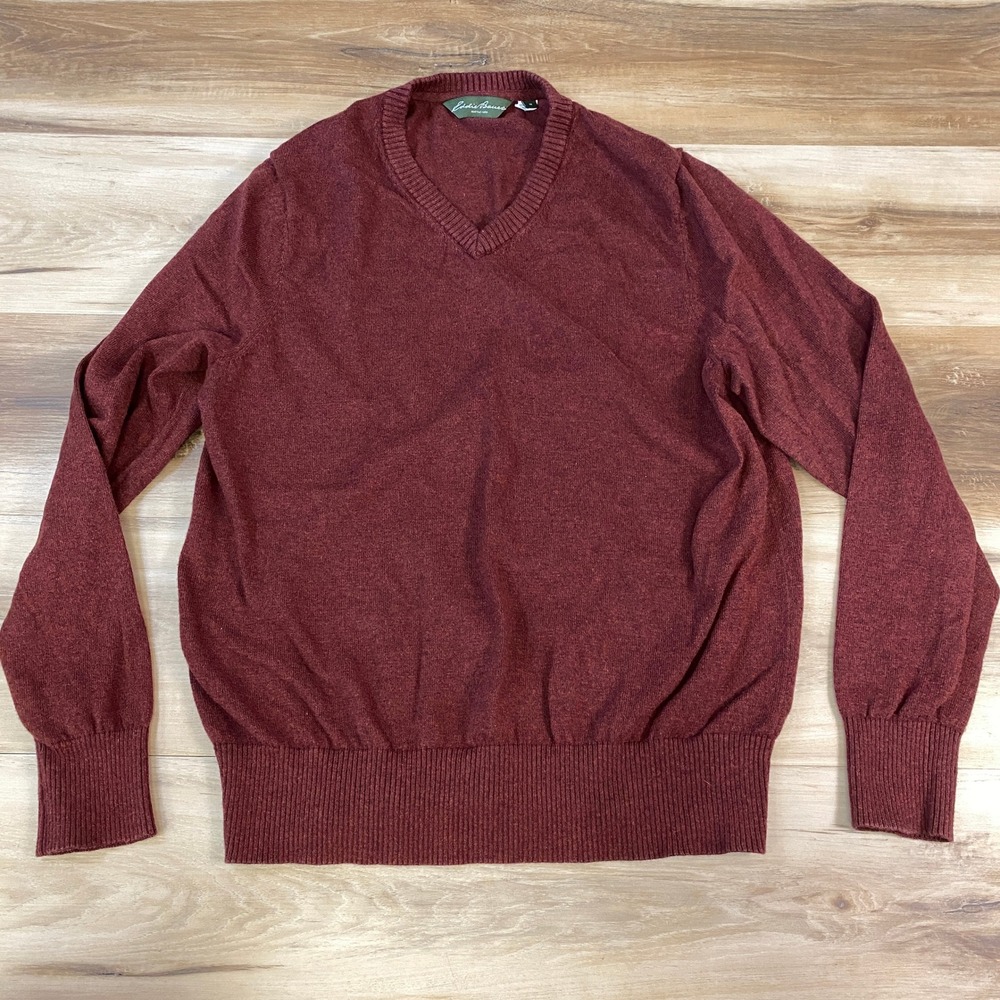 Eddie Bauer V-Neck Sweater Mens Medium Classic Cotton Cashmere Burgundy Heather